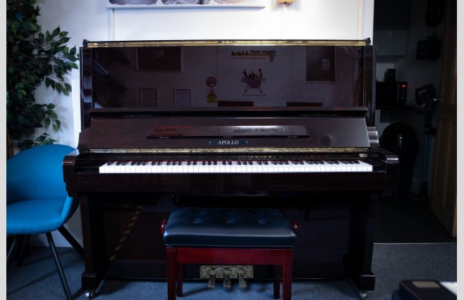 Used Apollo Polished Dark Wine Mahogany SR650 Upright Piano - All Inclusive Premium Package (SN:141448) - Image 4